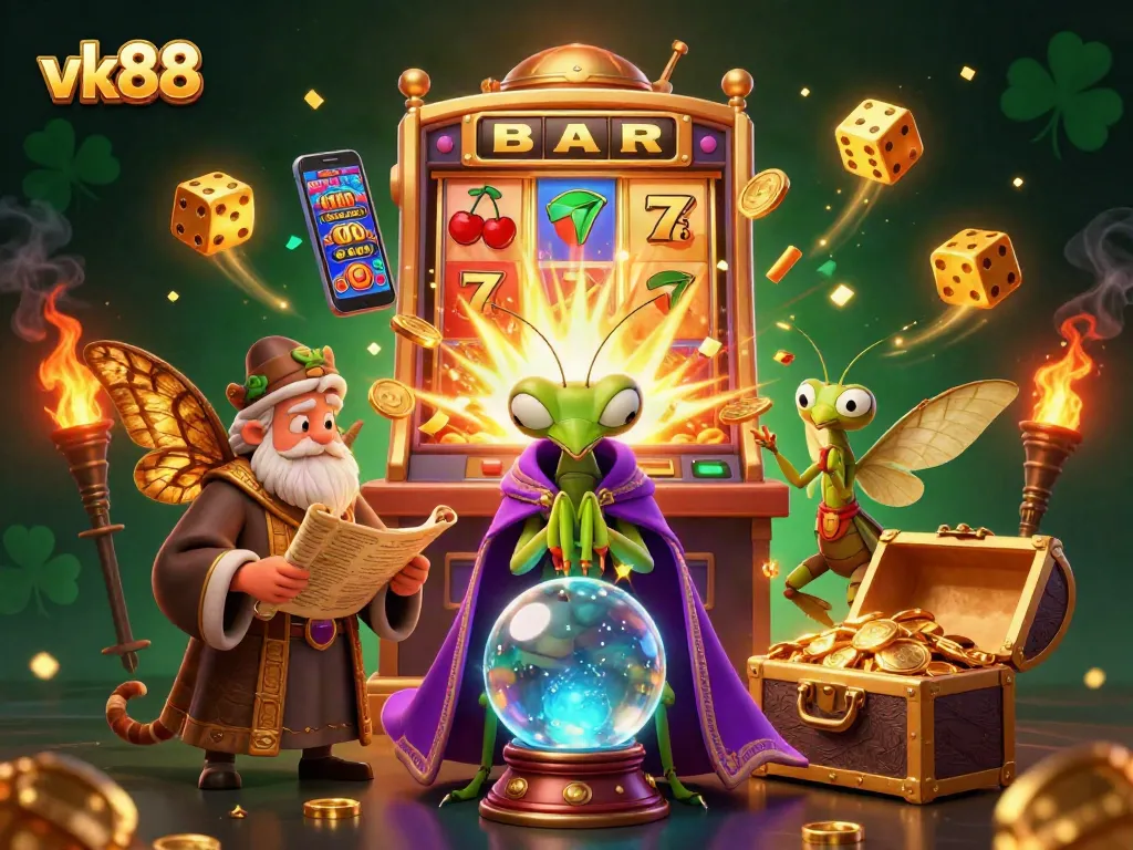 Spin to win with vk88 at colorful slot machines, jackpot coins flying in a vibrant casino scene.