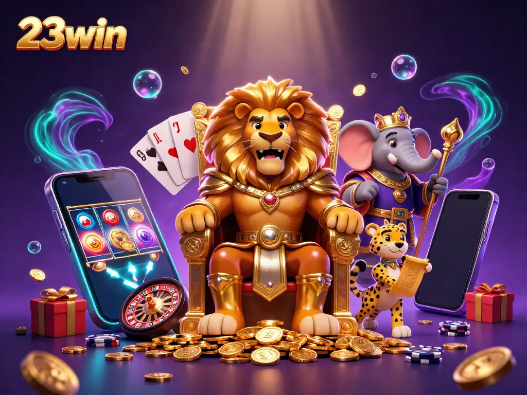 Win at 23win with a vibrant 3D illustration showcasing exciting casino elements and friendly characters.