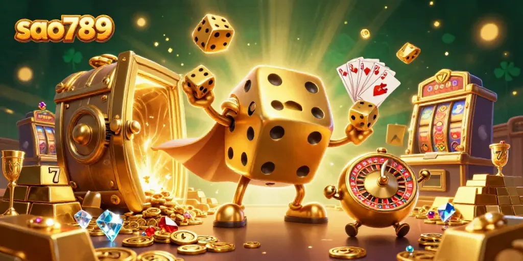 Experience thrilling gameplay at sao789 with vibrant 3D cartoon casino characters amidst sparkling treasures and slot machine elements.