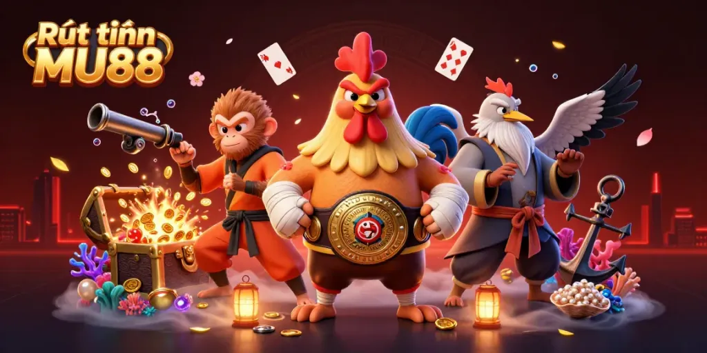 Rút tiền MU88 showcases a colorful, energetic scene of a Muay Thai rooster, Shaolin monkey, and crane master amidst treasure and gaming elements.
