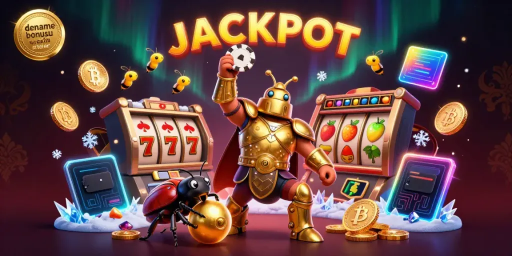 Experience thrilling action with deneme bonusu veren siteler, as a victorious beetle celebrates amidst vibrant casino symbols.