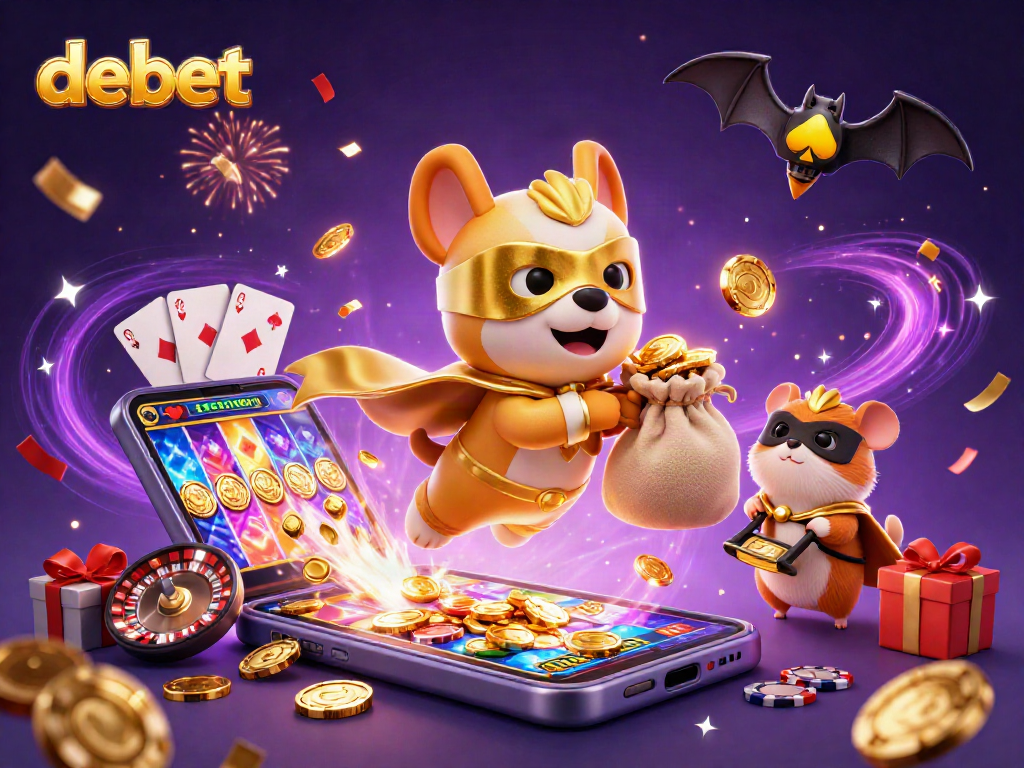 Play with debet's vivid gaming energy featuring superhero characters and dynamic casino elements.