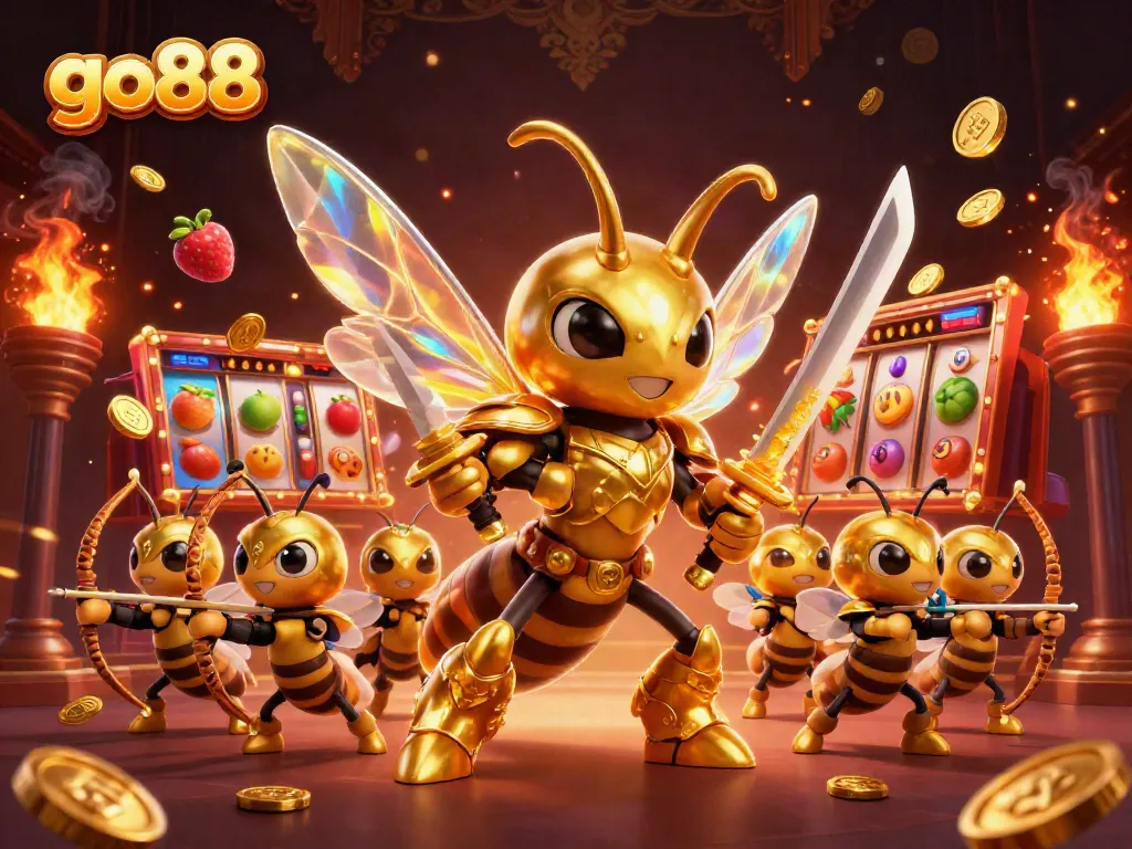 Experience thrilling wins with go88 as golden hornets and bee archers celebrate amidst slot reels and coins.