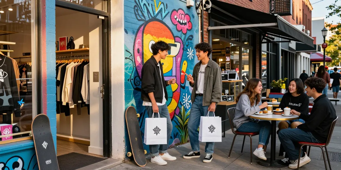 Friends shopping at an urban boutique showcasing rokok88 merchandise, vibrant city backdrop.