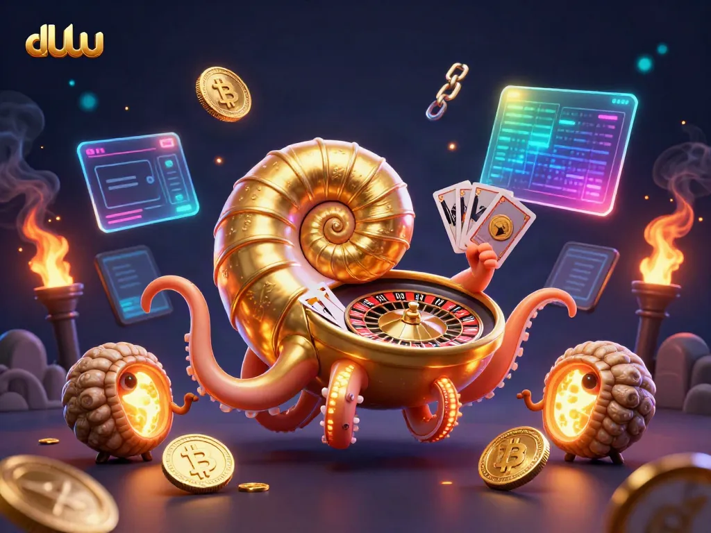 Experience the thrill of dd uu with a vibrant 3D casino scene featuring a golden roulette nautilus and glowing crypto elements.