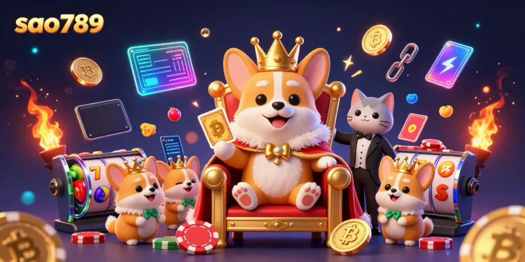 Sao789 enhances gambling fun with a cartoon corgi king amidst vibrant slot reels and crypto elements