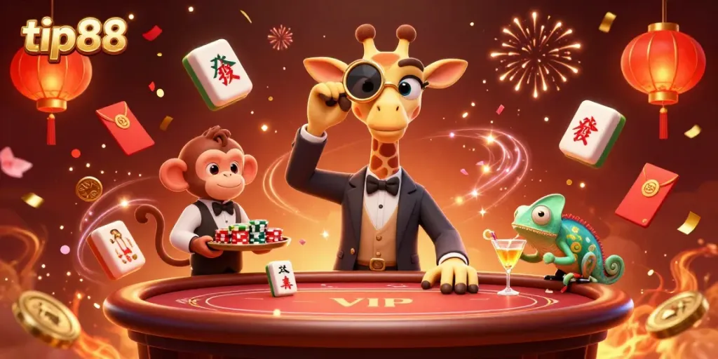Experience high-stakes action with tip88 at a vibrant VIP poker scene featuring unique characters.