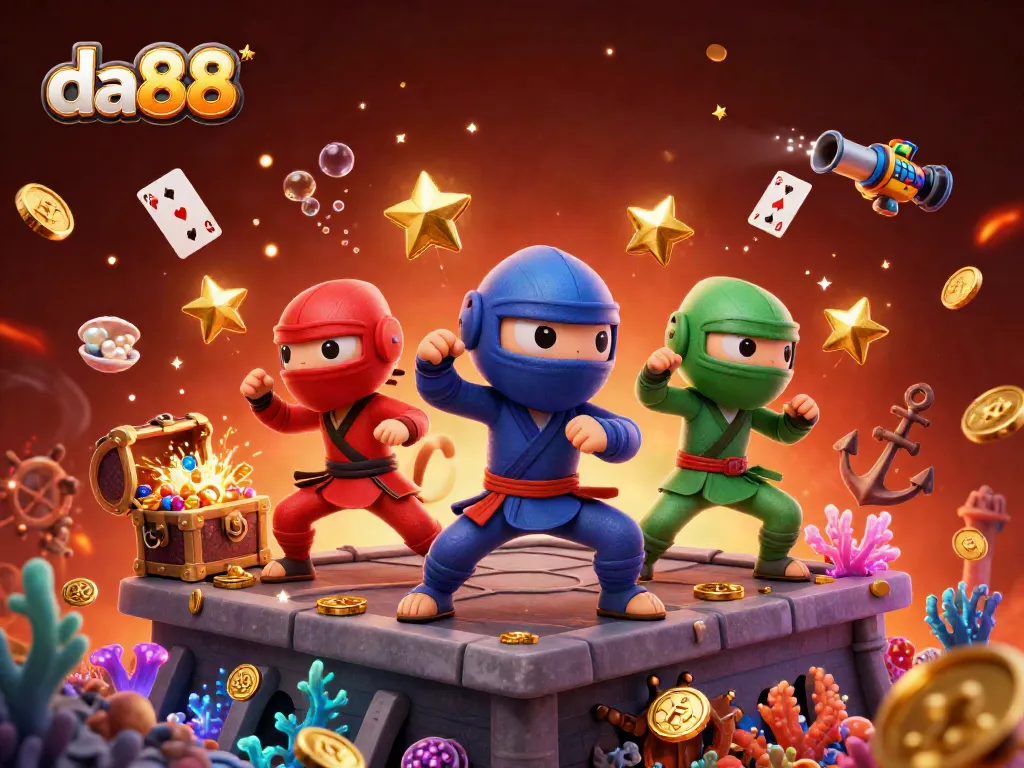 Join the da88 ninja chameleons as they unleash vibrant treasures and gambling excitement in this dynamic scene.