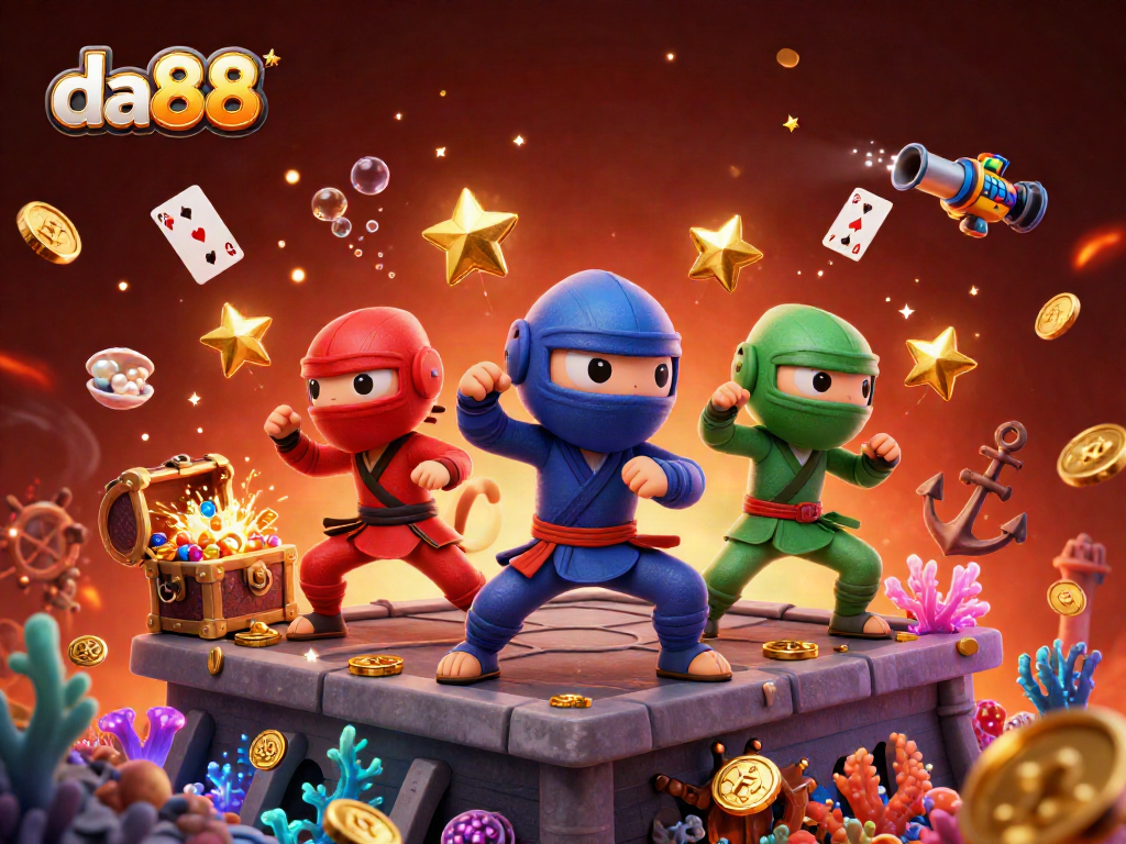 Join the da88 ninja chameleons as they unleash vibrant treasures and gambling excitement in this dynamic scene.
