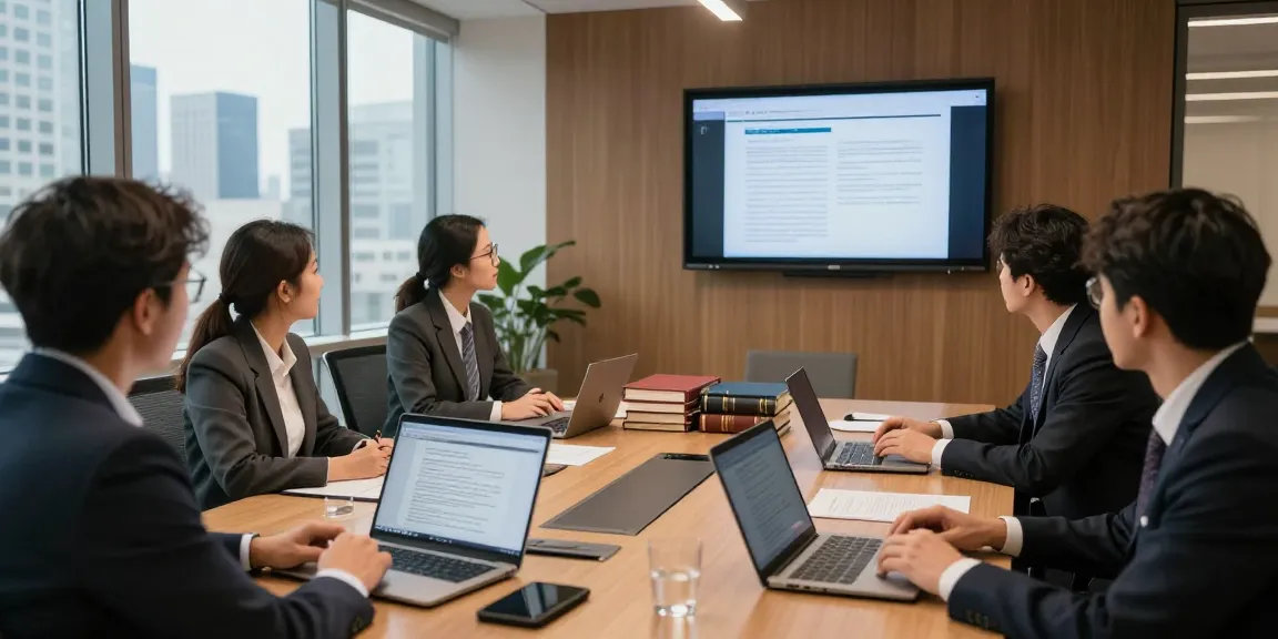 Legal professionals are speaking in a modern office during a strategy meeting.