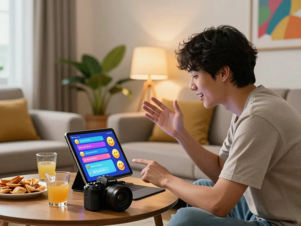 Engaging chat session with spicy AI on a tablet in a cozy room.