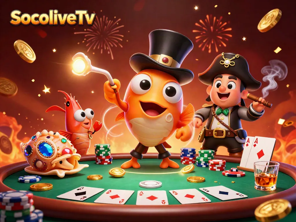 Experience exciting gaming with SocoliveTv's dynamic scene featuring charming underwater characters amidst poker elements.