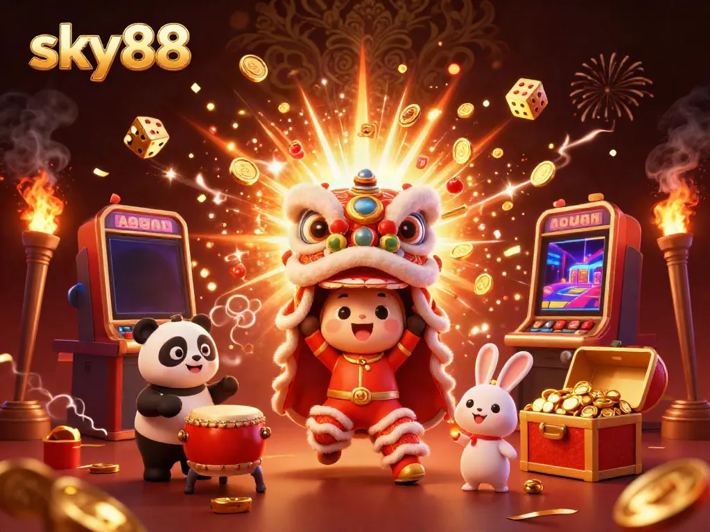 Experience the thrill at sky88 with exciting casino elements and vibrant characters in a lively scene.