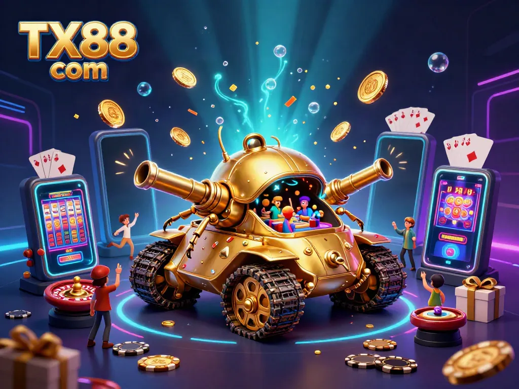 Experience high-stakes excitement at TX88 com with a vibrant depiction of a dynamic casino scene inside a golden beetle tank.