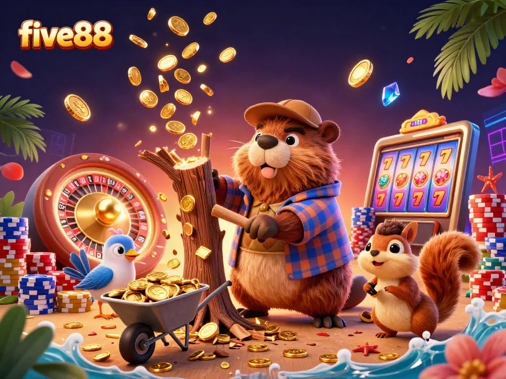 Spin and win with five88, featuring a beaver chopping a coin-raining tree surrounded by vibrant casino elements.