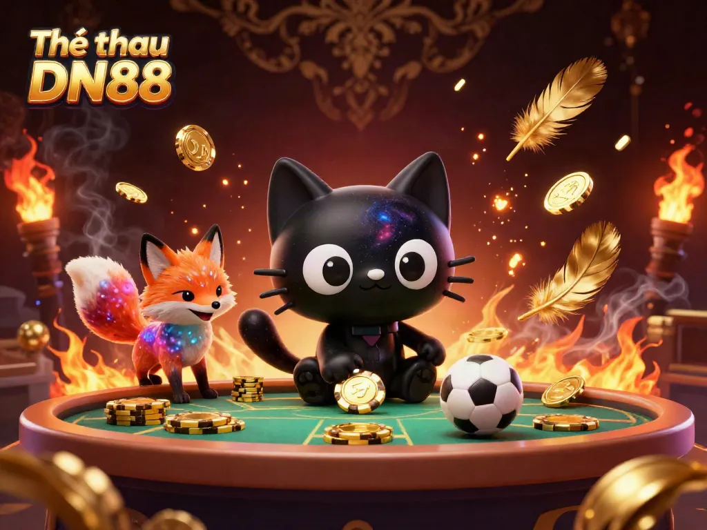 Betting and winning at Thể thao DN88 with a vibrant cat and colorful fox at a sports table