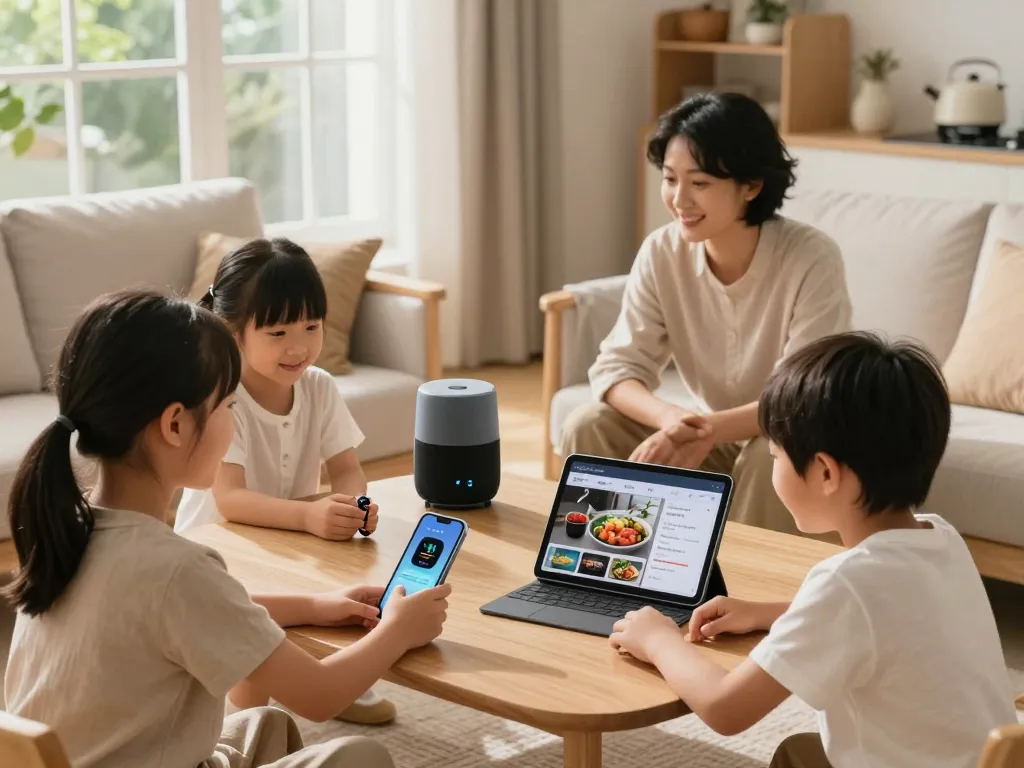 Family enjoying tech gadgets for home, featuring Bluetooth devices in a cozy living room setting.