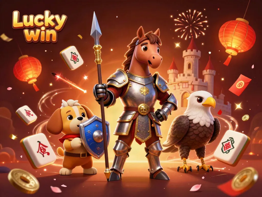 Lucky win promotion displaying a dynamic scene with a knight, puppy, and falcon celebrating with casino elements.