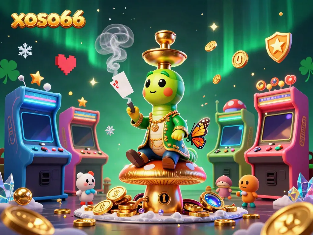 Experience xoso66 with a playful 3D illustration featuring a whimsical caterpillar and vibrant casino elements.