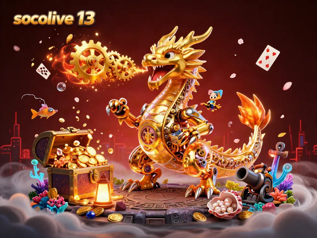 Socolive13 showcases an exciting live casino scene featuring a biomechanical dragon and coins, enhancing online gambling excitement.