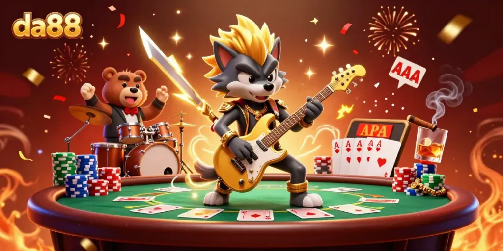 Experience vibrant gaming action at da88 with dynamic characters enjoying poker and celebrations.