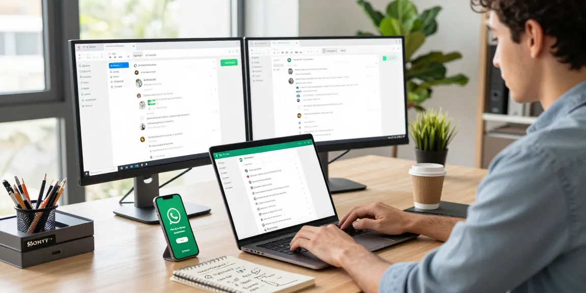 Professional using WhatsApp網頁版 in a modern office setting with dual monitors and engaging workspace.