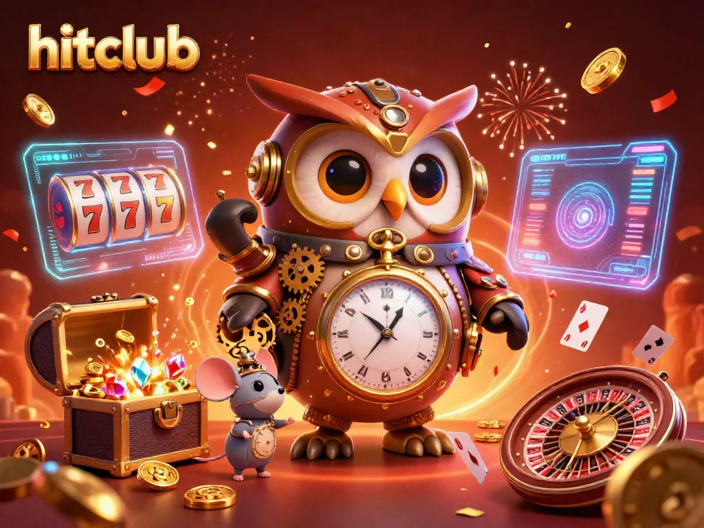 Experience the thrill of hitclub with a dynamic illustration featuring a steampunk owl and casino elements.