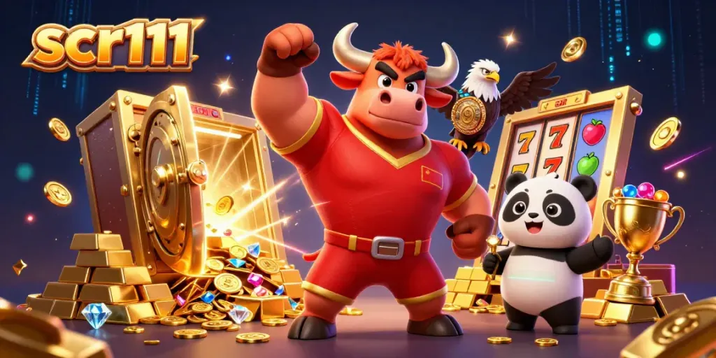 Scr111 players winning with a vibrant casino scene filled with gold, jewels, and exciting game elements.
