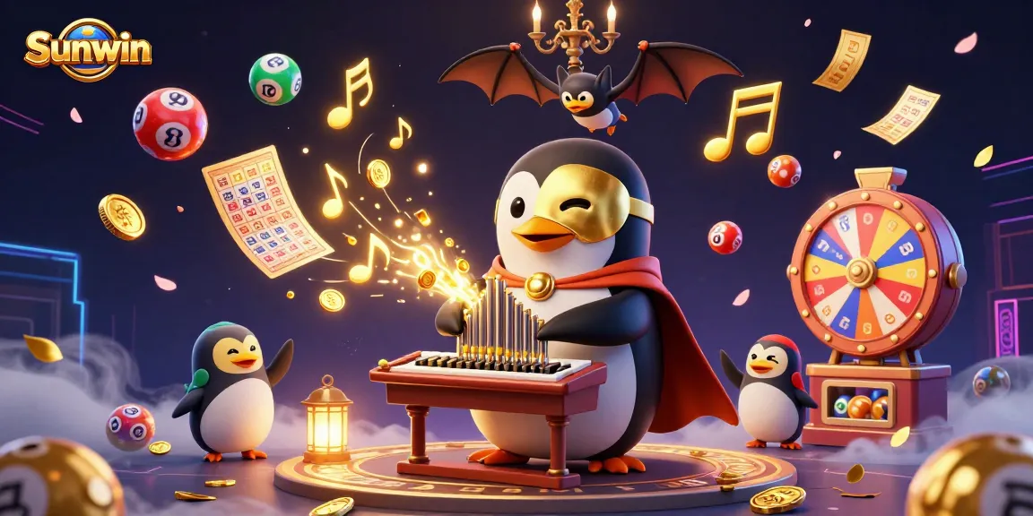 Sunwin showcases exciting gameplay with a vivid scene featuring a penguin playing and lottery balls bouncing.