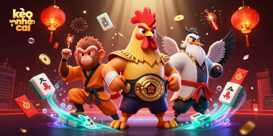 Engage with kèo nhà cái in this vibrant illustration featuring a Muay Thai rooster, a Shaolin monkey, and a wise crane master.