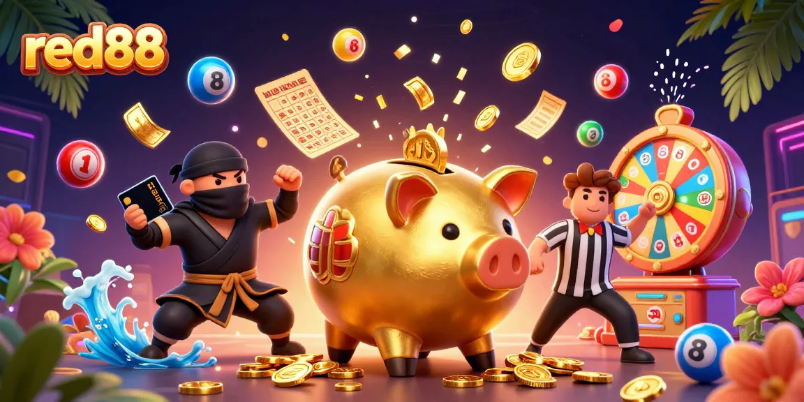 Experience the excitement of red88 with a vibrant 3D illustration showcasing golden treasures and thrilling gaming elements.