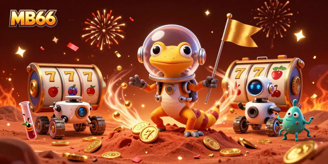 Experience thrilling gameplay at MB66 with a Martian gecko celebrating a golden casino discovery.