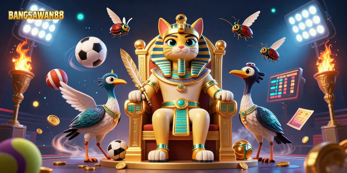 BANGSAWAN88 entertains with a vibrant Egyptian-themed 3D casino illustration featuring dynamic sports elements.