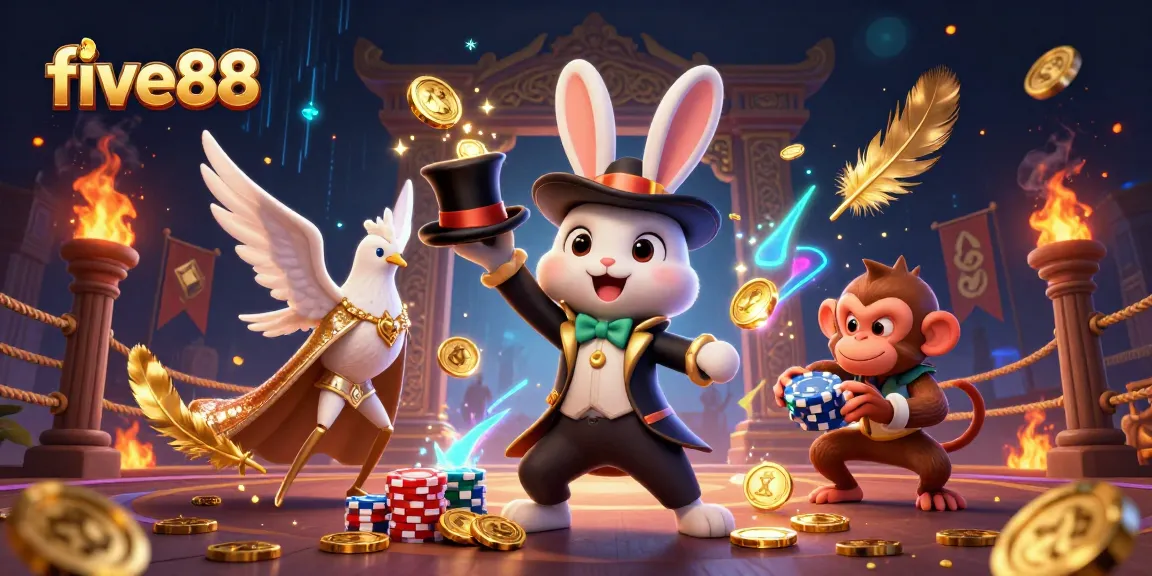 five88 magician rabbit conjuring poker chips and coins in a vibrant casino scene.