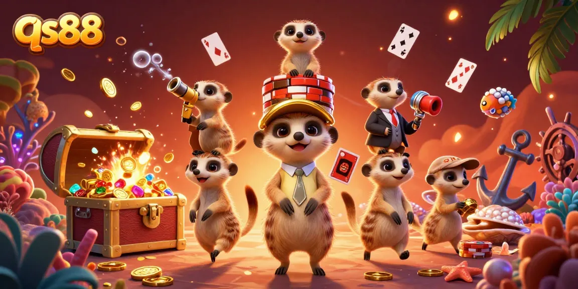 Engaging scene of qs88 meerkats running a lively casino, showcasing vibrant gaming elements and tropical decor.