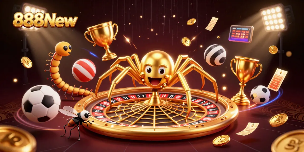 Experience thrilling bets on 888New with a golden spider spinning a roulette wheel web.