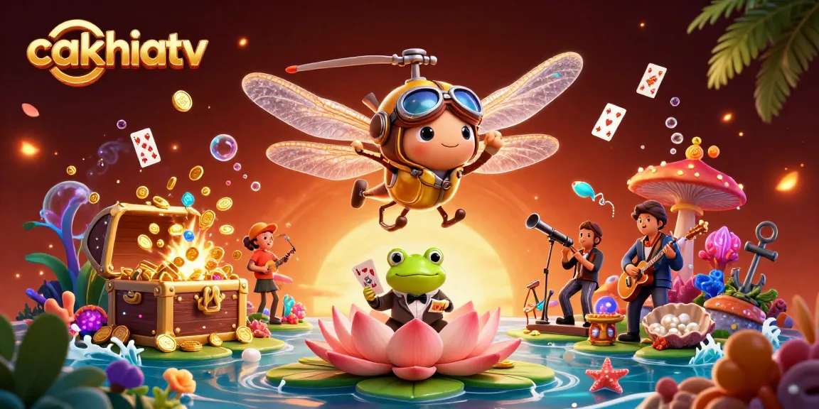 Cakhiatv offers an exciting gaming adventure with vibrant characters, a lily pad casino, and treasures in a dynamic 3D scene.