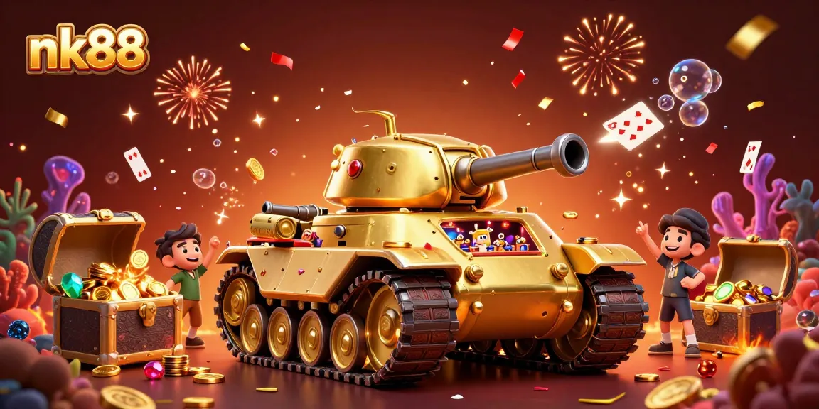 Play games at nk88, featuring a golden beetle tank casino illustration with confetti and treasure in vibrant colors.