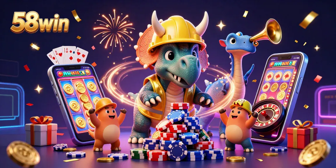 Engage in thrilling gameplay with 58win as cartoon creatures celebrate while creating poker chip pyramids.