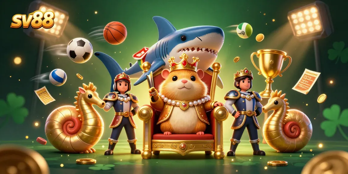 sv88 showcases a fierce golden hamster king amidst dynamic gambling elements, capturing excitement.