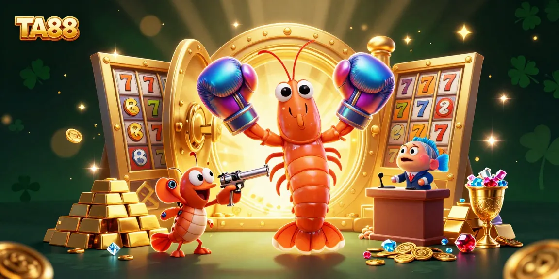 TA88 showcases a vibrant casino scene featuring animated shrimp characters amid dazzling slot elements.