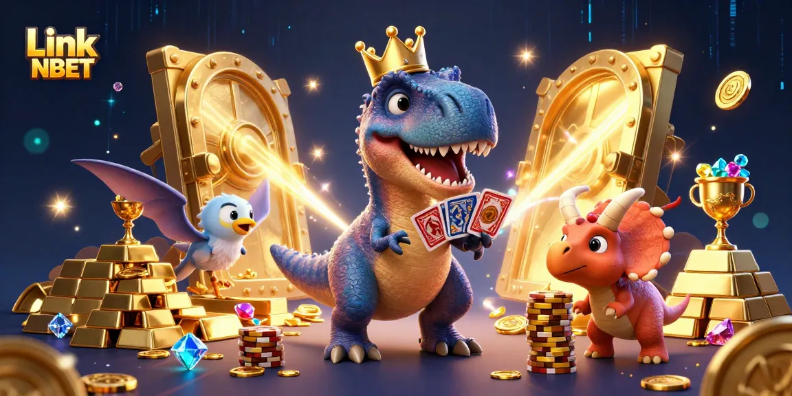 Link NBET showcases an epic scene with friendly dinosaurs engaging in exciting casino activities amidst treasures.