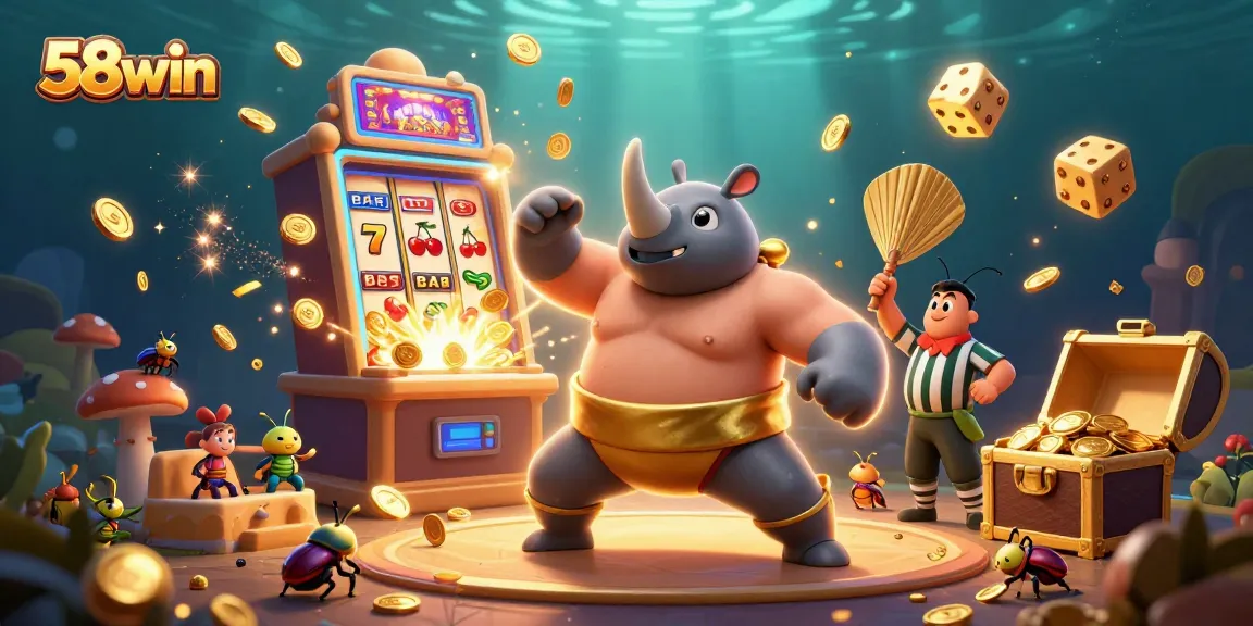 Engage with 58win's thrilling atmosphere as the rhinoceros beetle champion powers through a jackpot wave amidst golden coins.