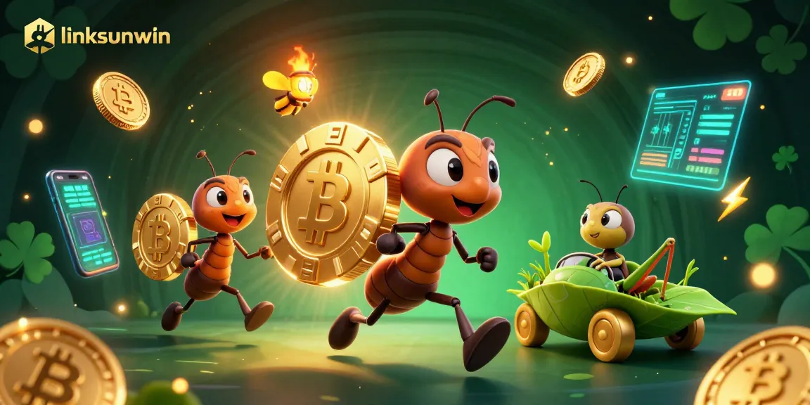 Action-packed scene depicting linksunwin with ants heisting a giant poker chip amidst swirling crypto elements.