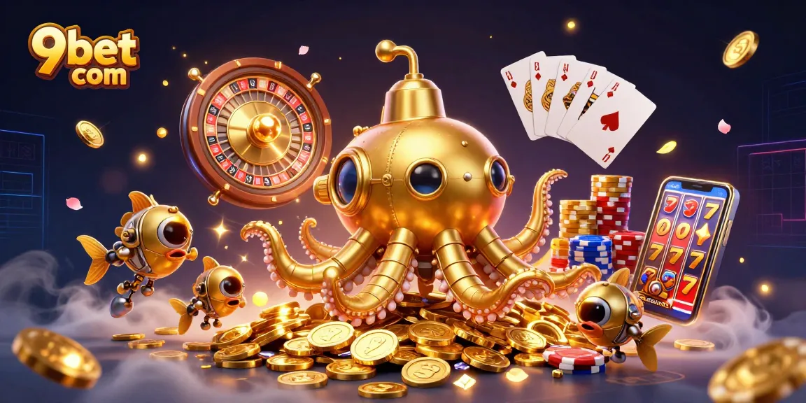 Experience the excitement at 9bet com with an ultra-detailed 3D casino illustration of a golden kraken submarine.