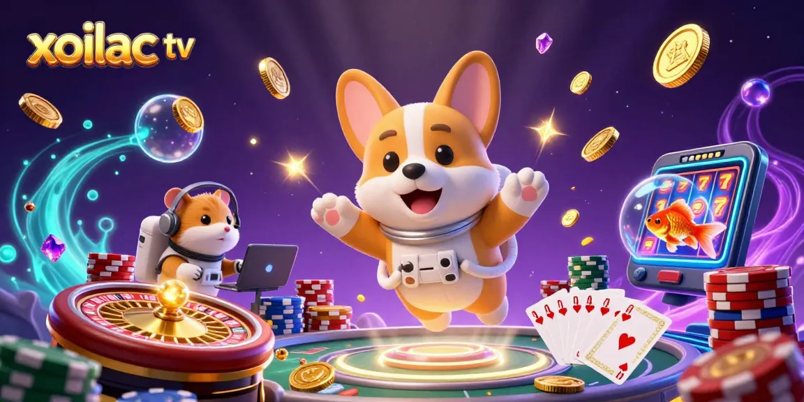 Experience xoilac tv's lively online casino atmosphere with floating poker chips and dynamic 3D elements.