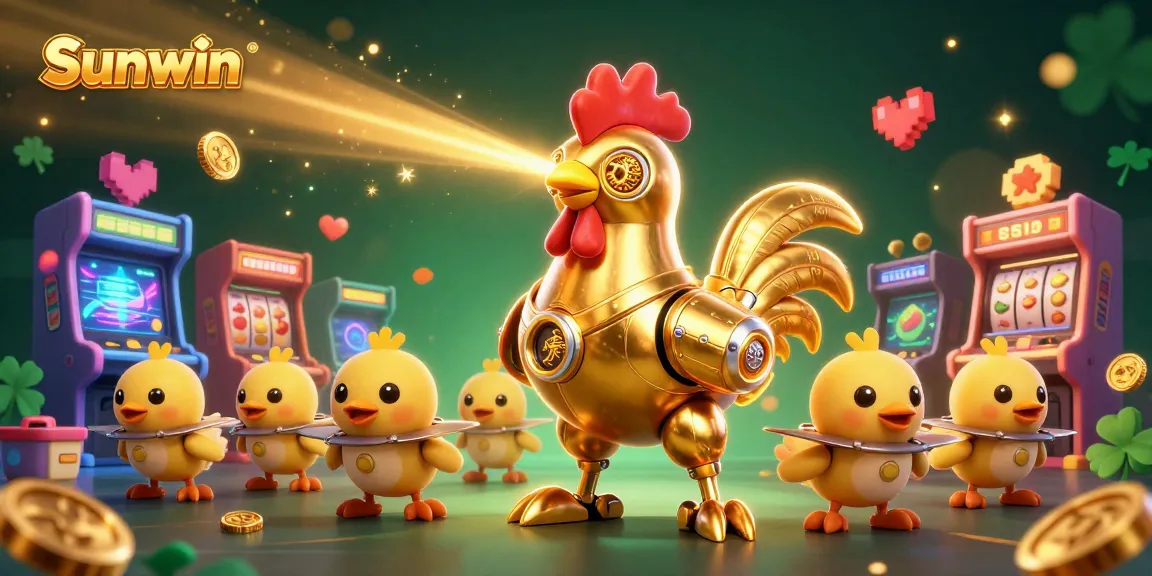 Engage with Sunwin's thrilling gaming environment featuring a golden rooster robot and fun arcade elements.