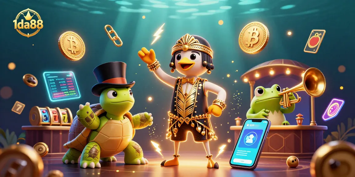 Spin and win with 1da88's vibrant casino scene featuring a whimsical crane, turtle, and frog.