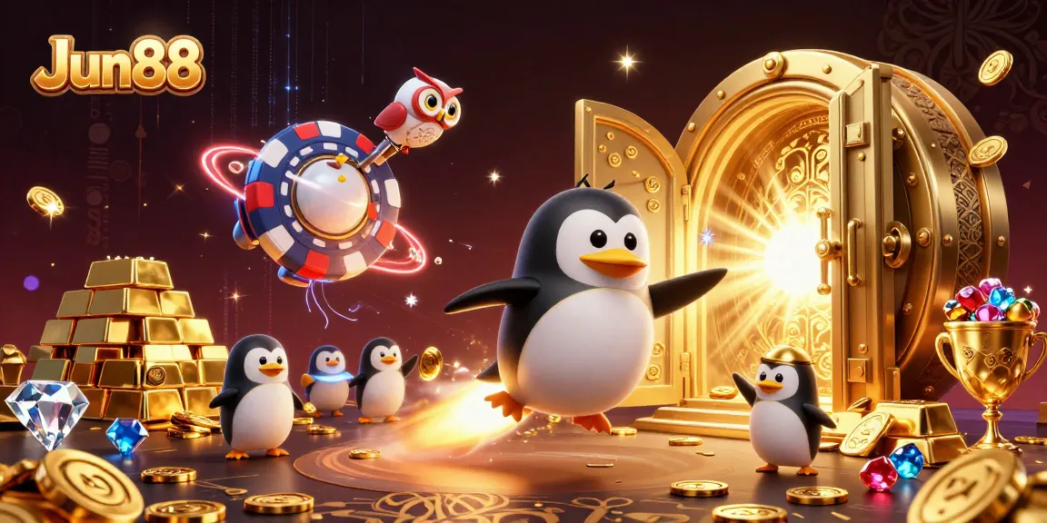 Win big at Jun88 with a dynamic scene of a golden penguin and treasure vault in a 3D casino