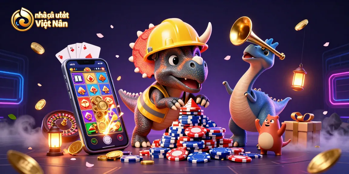 Cheerful characters celebrating a vibrant slot game at nhà cái uy tín Việt Nam, featuring poker chips and a smartphone.
